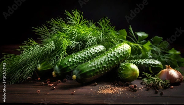 Fototapeta Fresh cucumbers paired with aromatic dill and assorted spices, artfully arranged on a rustic table.