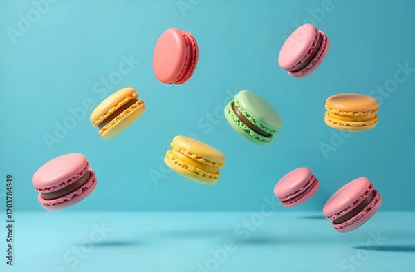 Fototapeta Colorful macaroons or macarons falling or flying over blue background. Cookies macaroons close-up.  Selective focus, shallow depth of field, blurred background.