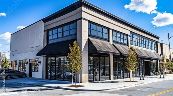 Fototapeta Stunning storefront with awning available in a bustling location.