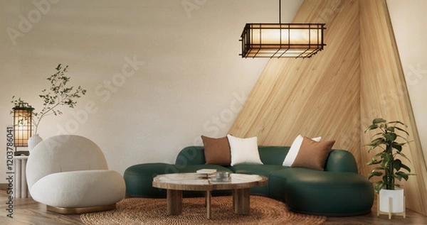 Fototapeta Mocha concept Scene living room have green sofa and decoration wooden minimalist design, room japanese style.3D rendering