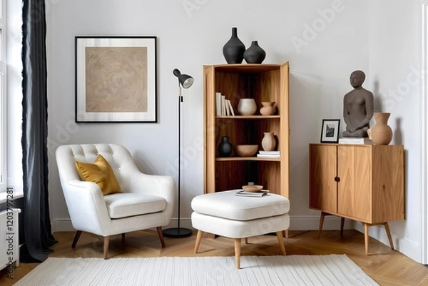 Fototapeta Calm and cozy corner with an armchair, cabinet, sculptural objects, and minimal art frame.