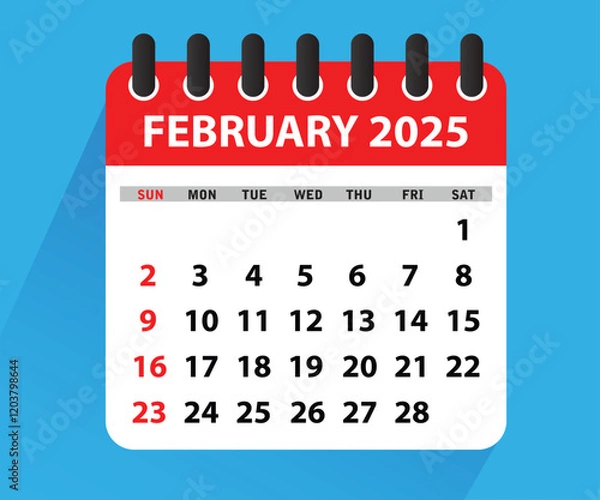 Fototapeta February 2025 Calendar Leaf. Calendar 2025 in flat style. February 2025 Calendar. Week starts on Sunday. Blank Calendar Template. Stationery Design. Vector Illustration