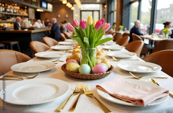 Fototapeta Elegant Easter Brunch Table in Restaurant. A beautifully set Easter brunch table in a restaurant, featuring pastel eggs, fresh tulips, golden cutlery, and a warm festive atmosphere.