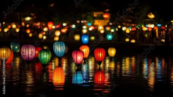 Obraz A lantern-lit night scene in the ancient town of Hoi An with reflections shimmering on the Thu Bon River.
