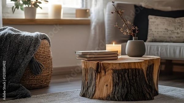 Obraz A unique wooden coffee table made from a reclaimed tree stump placed in a cozy reading nook with books and a candle.