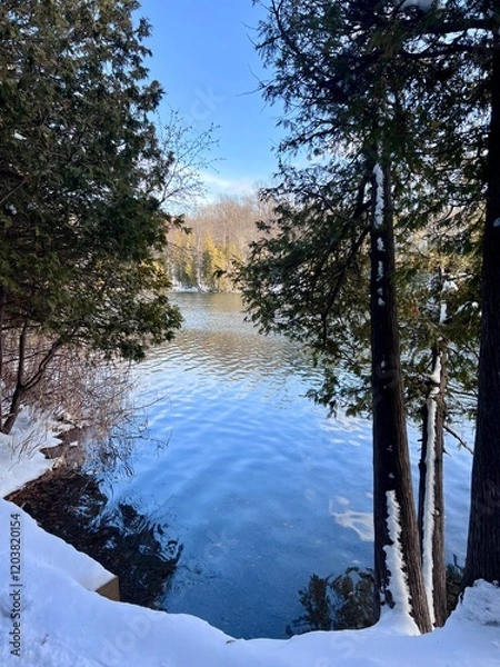 Obraz Beautiful Lake scene in Winter.  No people. Green Lakes State Park on a sunny day with a blue sky and snow on the shore.  Large pine trees in the foreground.  No people.  Copy Space.