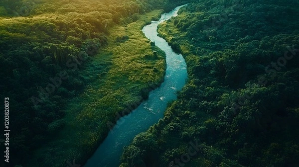 Obraz An aerial view of a rainforest river its surrounding greenery turning brown from deforestation and pollution.