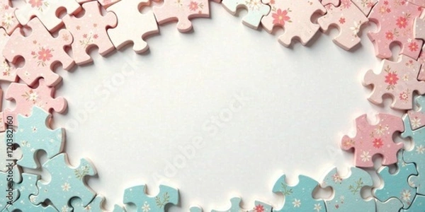 Fototapeta Floral Puzzle Frame Pastel Pink and Blue Jigsaw Pieces Create a Blank Space for Your Text or Image