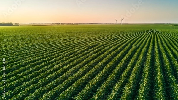 Obraz A bright green soybean field with a wind turbine spinning in the distance under a clear sky.