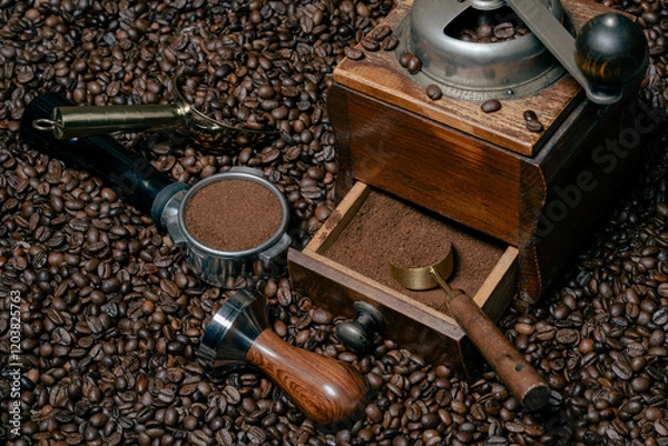 Obraz Rustic coffee grinder with a measuring spoon stands  with a tamper and a coffee portafilter filled with freshly ground coffee on a bed of many coffee beans