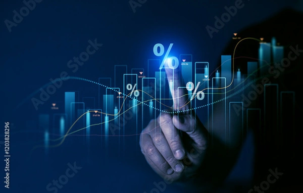 Fototapeta Percentage symbol and growth arrow. Interest rates continue to increase, stocks and mutual funds, investment for retirement.Interest rate and dividend.