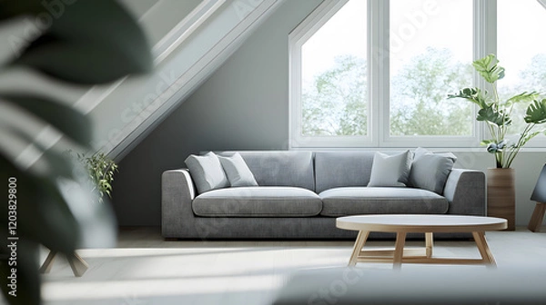 Obraz Sunlit living room with plush seating and greenery.