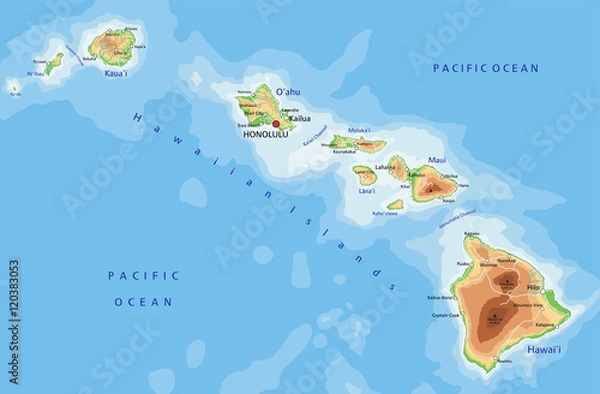 Fototapeta High detailed Hawaii physical map with labeling.