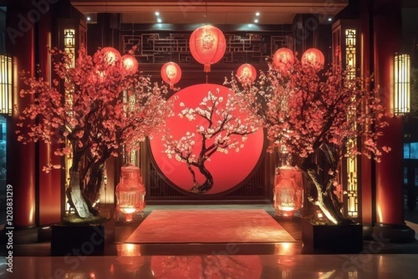 Obraz A Chinese-style New Year scene, with the hotel entrance decorated with a red circular background and large