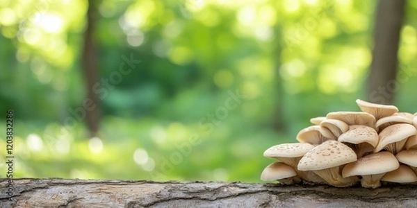 Obraz Cluster of mushrooms grows vibrantly on a forest log, showcasing natural beauty and woodland charm.