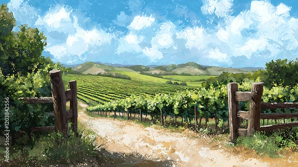 Fototapeta scenic vineyard landscape with lush green rows, rolling hills, and bright blue sky. inviting path leads through wooden gates