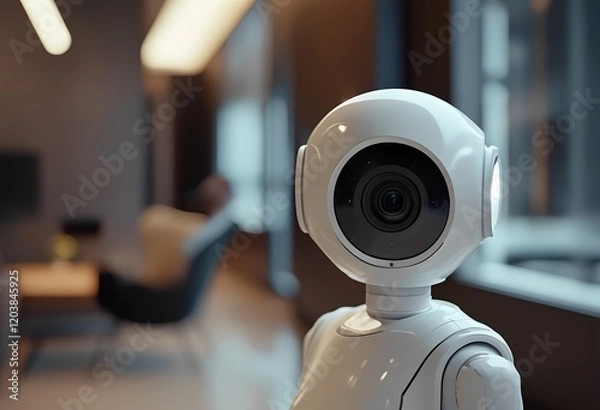 Fototapeta A compact robotic assistant stands on a table, showcasing its futuristic design.