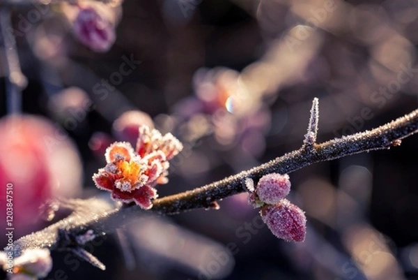 Fototapeta A frosty layer on quince blossoms highlights the intricate details of nature's winter artistry.