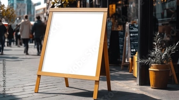 Fototapeta Blank White Frame Sign Stands on Sidewalk in Urban Setting with People Walking by in Background