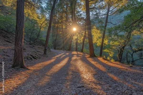 Fototapeta Sunlight filters through trees on a peaceful forest path during early morning hours
