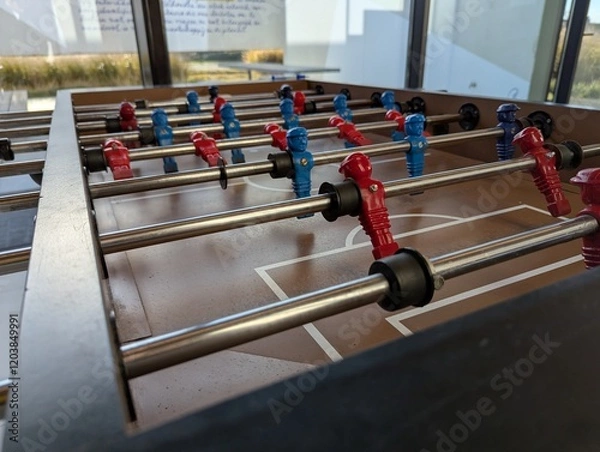 Fototapeta A close portrait of a foosball table at the level of the minature plastic soccer or football players in a bar or café. they are ready to be played with.