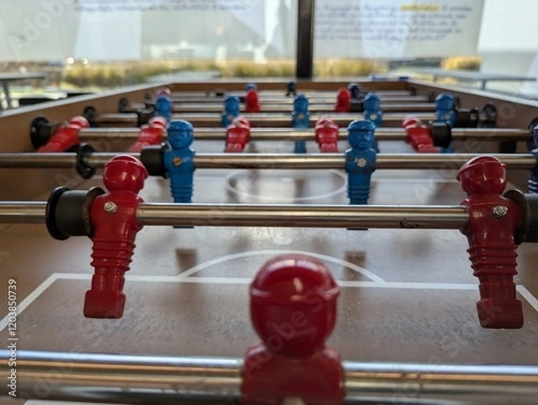 Fototapeta A close portrait of a fussball table at the level of the minature plastic football or soccer players in a bar or café. they are ready to be played with.