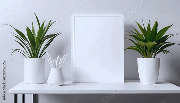 Fototapeta White label mockup for empty menu frame in store or beauty salon with plant flower Stand booklet paper tent card sheets on the reception desk displays your product background