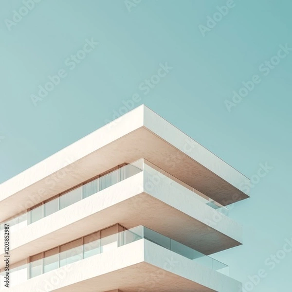 Fototapeta Modern minimalist building corner, three levels with balconies against a pale blue sky.