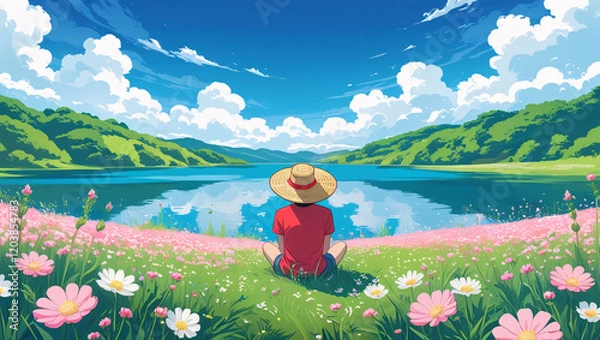 Fototapeta A serene moment captured in digital anime art, featuring a person sitting by a tranquil lake surrounded by flowers, evoking peace and reflection in a beautiful natural setting.