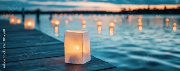 Fototapeta Tranquil Evening with Lanterns by the Water's Edge at Sunset