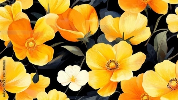 Fototapeta Mini yellow buttercup pattern, vibrant floral design, intricate details, cheerful and bright, ideal for textiles and wallpapers