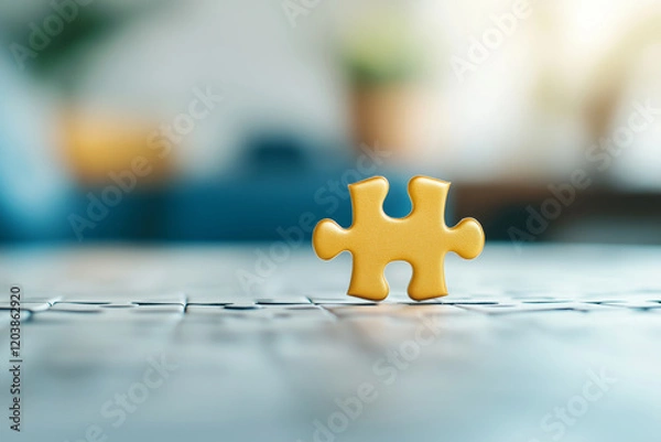 Obraz A close-up of a golden puzzle piece standing upright, symbolizing uniqueness and connection.