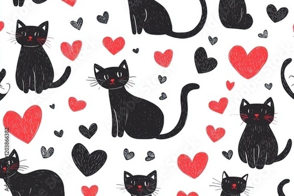 Fototapeta Cute Cat Pattern with Hearts and Illustrations