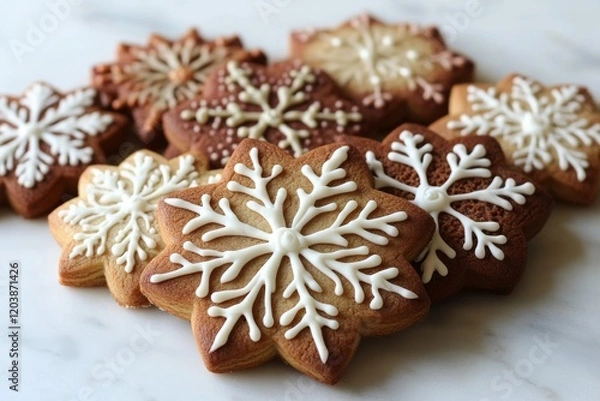 Fototapeta Beautifully decorated snowflake cookies arranged on a wooden surface during winter festivities