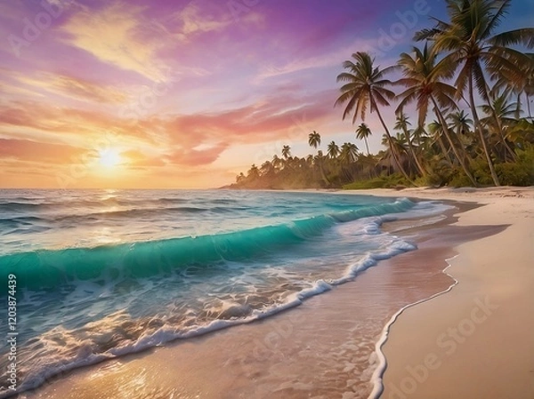 Fototapeta Tropical beach at sunset with palm trees silhouetted against colorful waves and a vibrant sky.