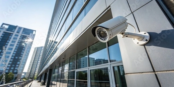 Fototapeta Modern Building Security Camera Closeup - Surveillance Technology on Facade