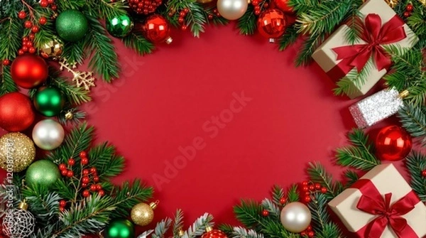 Fototapeta Festive Christmas frame featuring colorful ornaments, fir branches, red berries, and wrapped gifts with bows on a bright red backdrop. Holiday concept. Ai generative
