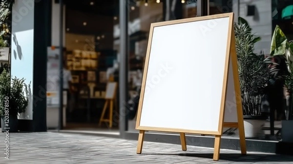 Fototapeta Blank White Sign on Wooden Stand Outside Storefront Surrounded by Greenery in Urban Setting