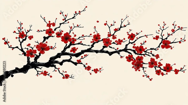 Obraz Elegant Blossom Branch Featuring Red Flowers on a Light Background Simple and Minimalist Design