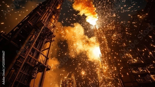 Obraz The sky is filled with fiery sparks as workers weld metal structures inside a towering petrochemical plant, lighting up the dark industrial landscape with bright embers.
