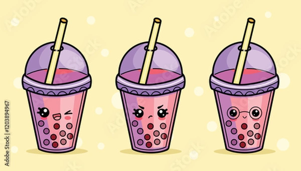 Fototapeta Set of bubble tea in kawaii style with different emotions sad,happy,angry.Isolated character vector illustration