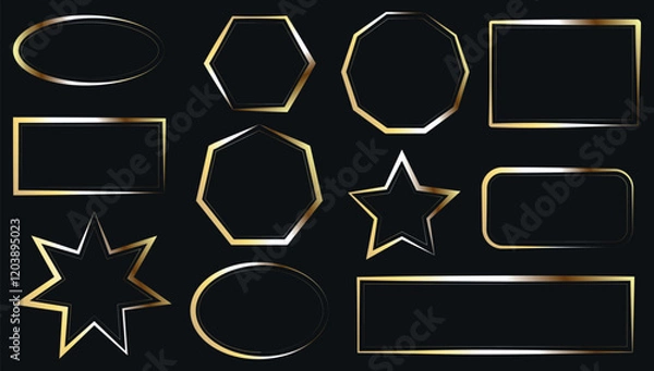 Fototapeta Set of gold metal frames of different shapes on a black background. Empty space for an image, painting, postcard, photograph, text. Vector illustration