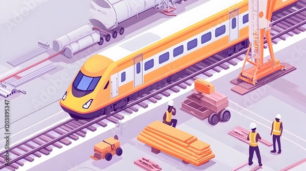 Fototapeta High-speed train maintenance, depot, workers, railway tracks, infrastructure project, transportation