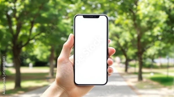 Fototapeta Hand holding a smartphone with a blank white screen in a natural outdoor setting featuring greenery and sunlight. Concept of mobile app design. Ai generative