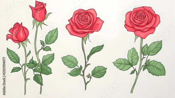 Fototapeta Red roses, various stages of bloom, isolated on white background; ideal for floral design or greeting cards