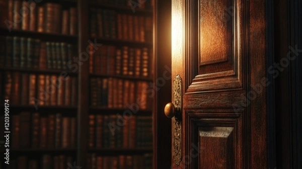 Fototapeta Ajar wooden door leading to a library with shelves filled with books