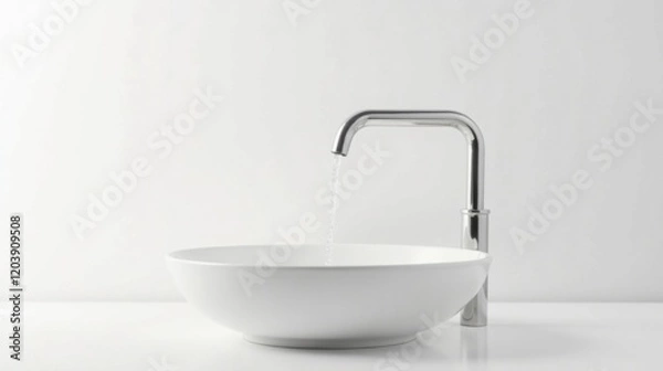 Fototapeta Modern minimalist bathroom sink with a chrome faucet, water gently flowing into the basin against a bright white background, creating a clean and serene atmosphere.