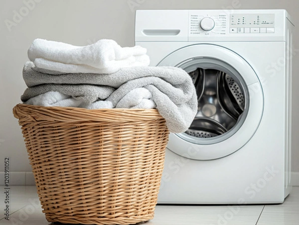 Fototapeta Laundry day involves a clean white washing machine and a wicker basket filled with neatly stacked towels in a bright, modern laundry room