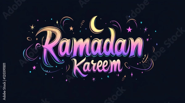 Fototapeta Vibrant "Ramadan Kareem" in bold lettering with gradient colors of purple and gold, surrounded by glowing crescent moons and stars on a deep black background.