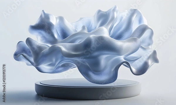 Fototapeta Abstract 3D render of flowing, textured light blue fabric on a minimalist platform.  Perfect for design, technology, or beauty concepts.